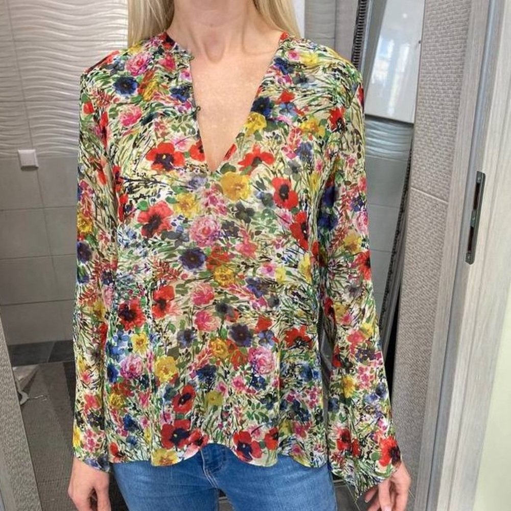 Zara Spring Floral Print Chiffon Long Sleeve Semi Sheer Lightweight Blouse MED